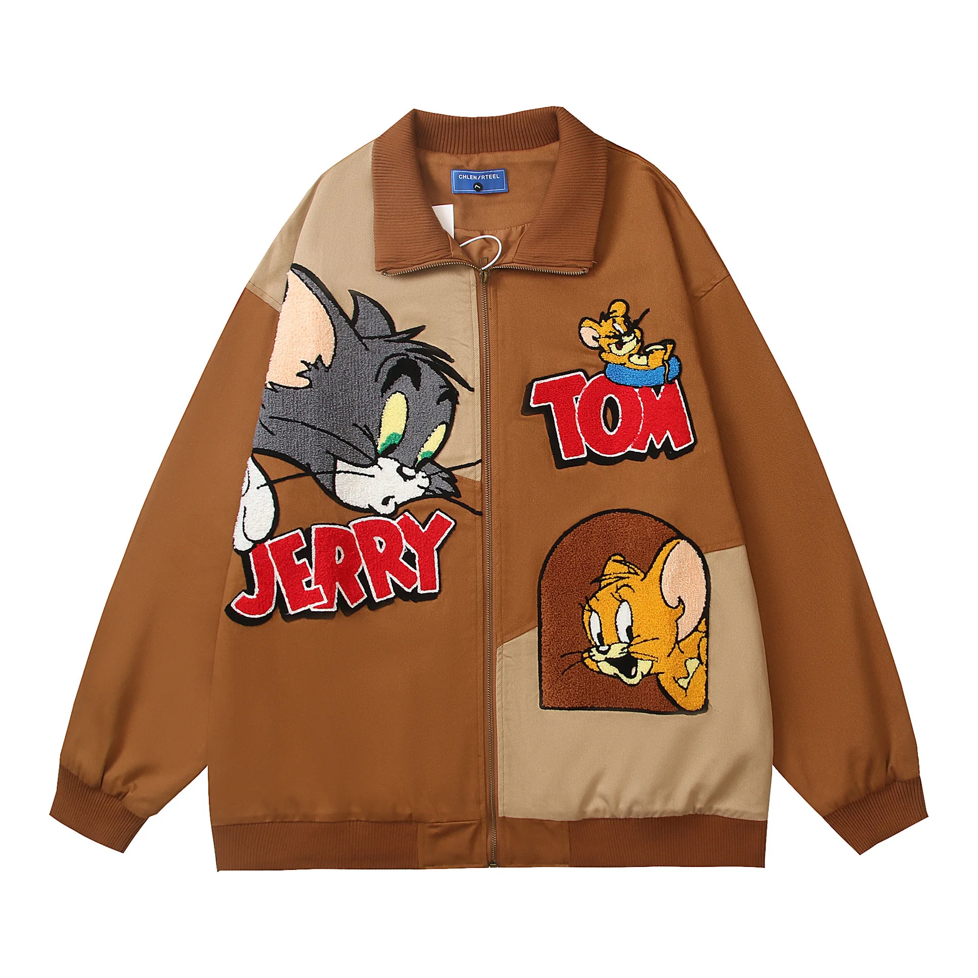 Amerykańska kurtka w stylu retro z haftem, kolorowymi blokami i klapami, unisex, luźny krój BF, casual