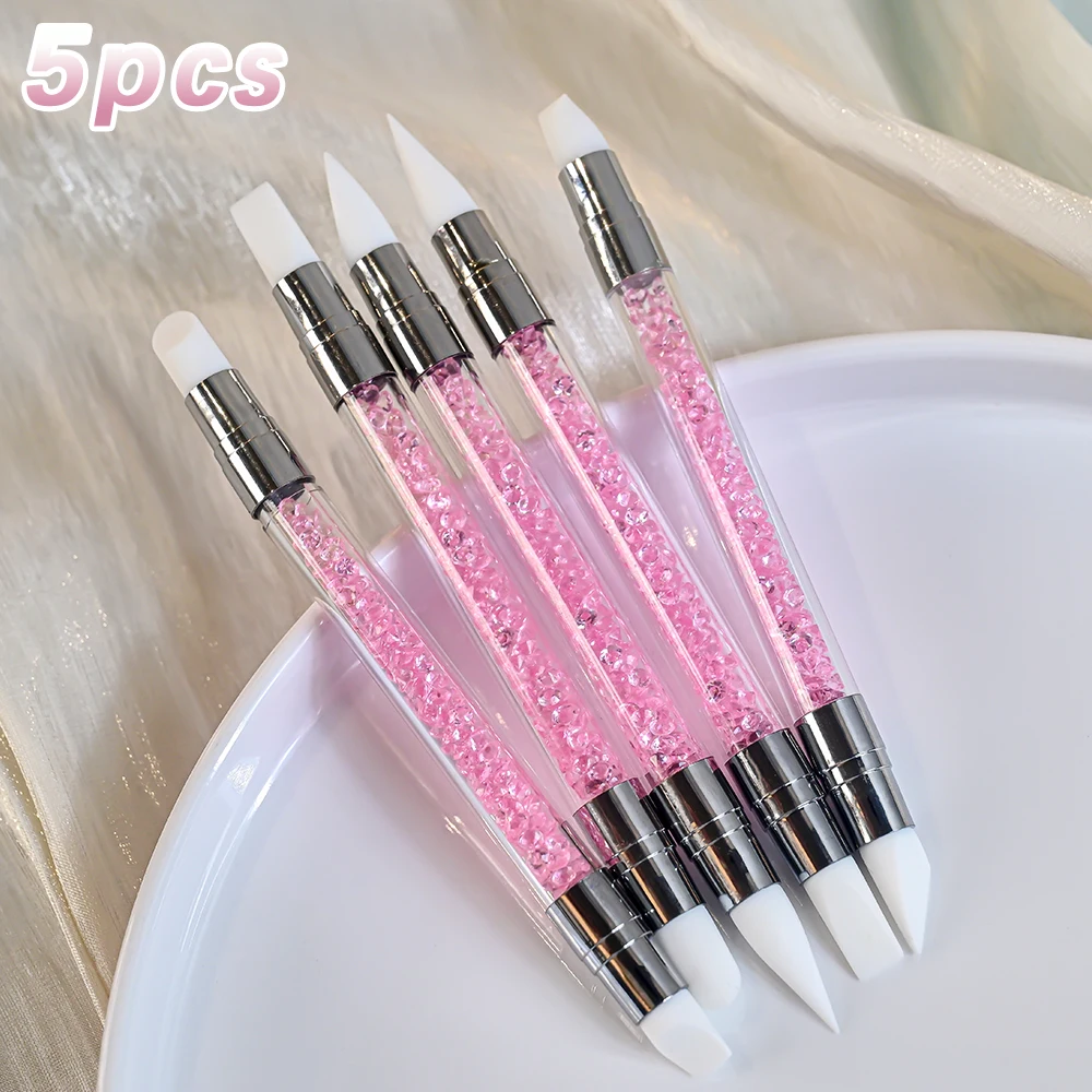 5 Teile/satz Rosa Dual Ended Strass Nail art Silikon Stift Skulptur Stift/3D Blume Carving/Dotting Nagel Werkzeug 13cmManiküre Pinsel