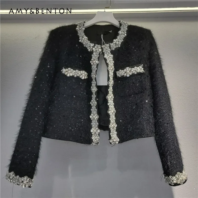 Heavy Industry Thickened Down Tweed Jacket Women Autumn Winter New High-end Temperament Socialite Bead Long Sleeve Short Jacket