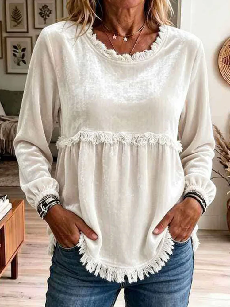 Women's Autumn Winter Fashion Loose Lace Patchwork Long Sleeve Blouse
