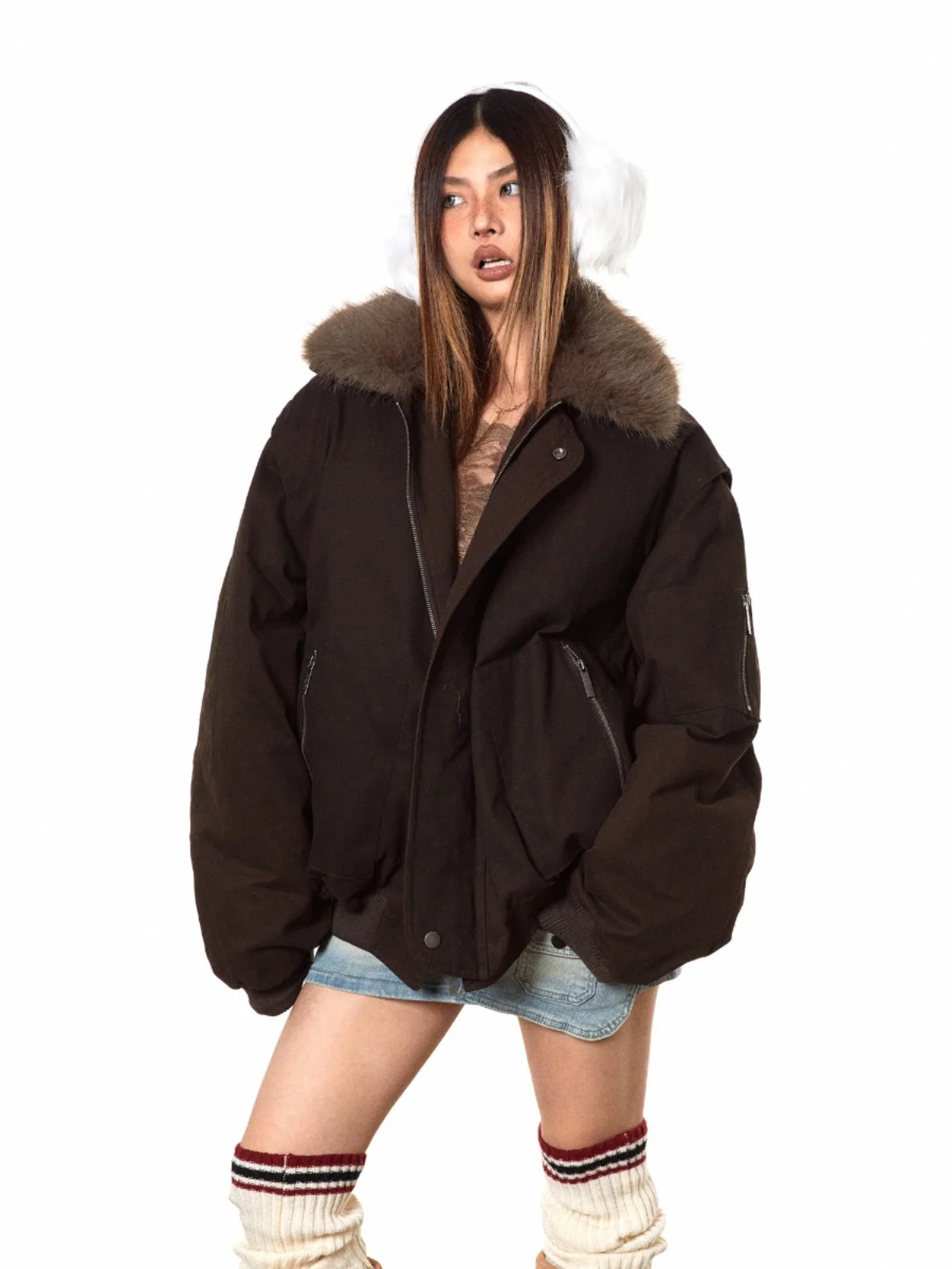 高品質アメリカンスレパーカダウンジャケット、大きなファー襟付き、取り外し可能なスタンドカラー、暖かいコットン生地のレディースコート