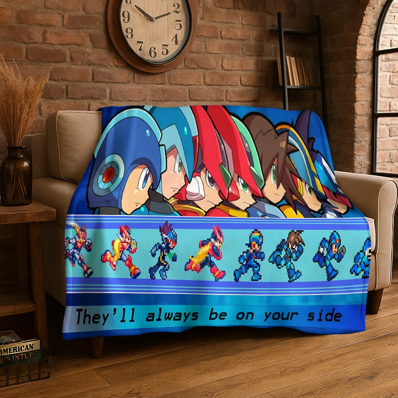 Retro Rockman Mega Man Game Cartoon Flannel Blanket Soft Warm Throw Blanket for Bedroom Living Room Bed Travel Camping Picnic