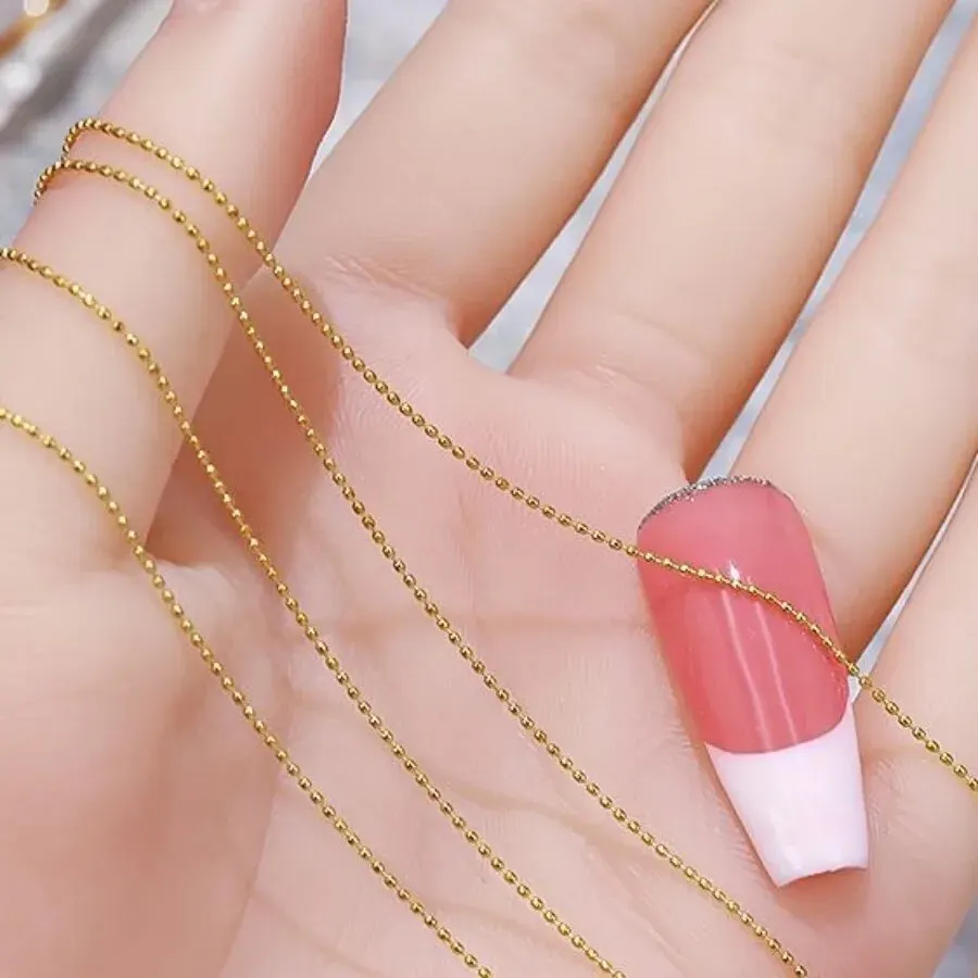 1 메터/갑 0.8mm 골드 실버 네일 비드 체인 매력 타원형 스톤 네일 아트 장식 Giltter 금속 강철 공 쥬얼리 액세서리