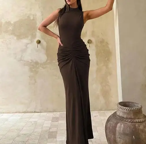 

Women Dresses 2026 Spring New Fashion Solid Color Sexy Folded Waist Back Split Round Neck Sleeveless Slim Temperament Long Dress