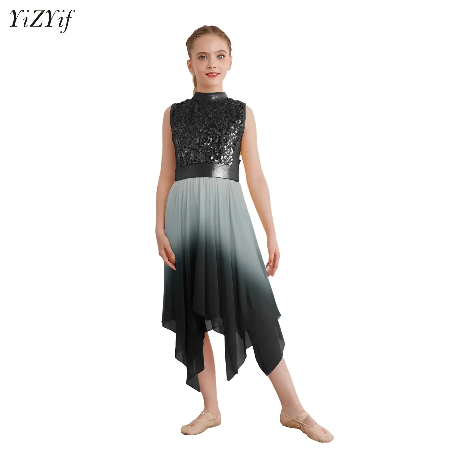 

Kids Girls Gymnastics Jersey Figure Skating Contemporary Ballet Lyrical Dance Performance Costume Shiny Sequins Bodice Dress