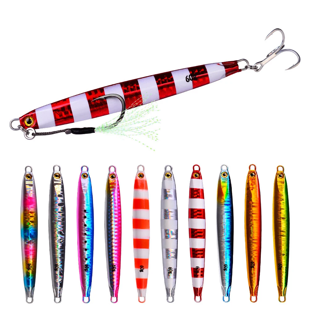 

1pcs Metal Fishing Bait 10g-60g Sinking Sea Bass Lead Jig Fish Lure 10 Color Artificial Lifelike Jigging Lure Bass Hook LF101