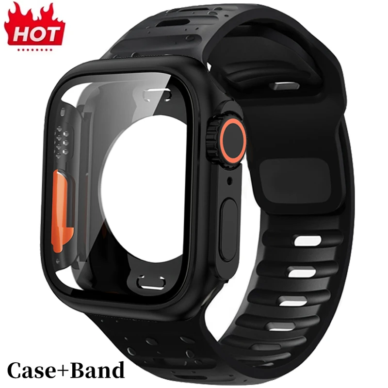 

Silicone strap For Apple Watch 44mm 45mm 41mm 40mm Bracelet+Screen protectores Change to Ultra For iWatch Series 9 8 7 SE 6 5 3