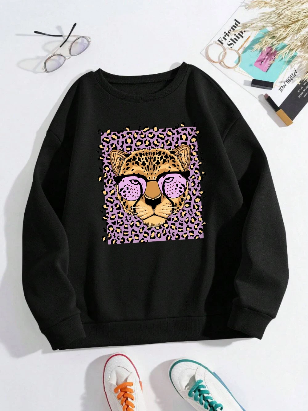 Leopard Sweatshirts Womens Fresh Fruits Prints Hoodies Loose Fleece Warm Crewneck Clothes Fashion Comfortable Womans Pullover