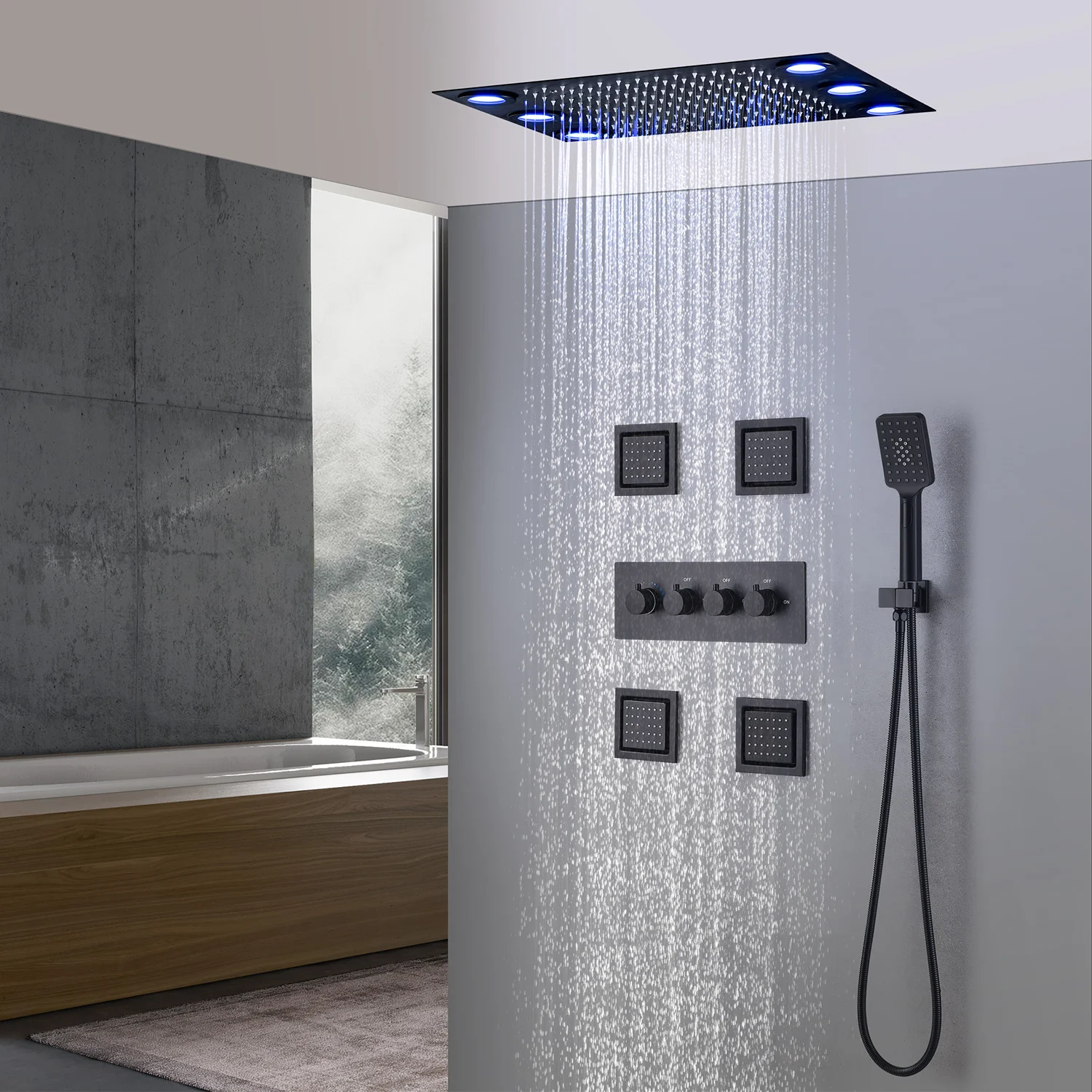 hm Bathroom Ceiling LED Shower System Set Rainfall Shower Head Panel Black Thermostatic Mixer Faucets With Massage Body Jets Kit