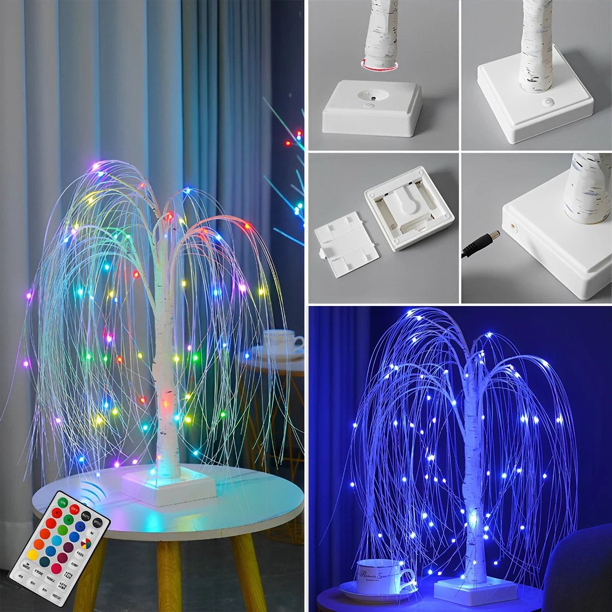 Full Sky Star Golden Leaf Willow Cherry Tree LED Night Light Mini Christmas Tree Copper Wire Garland Lamp Fairy Light For Home