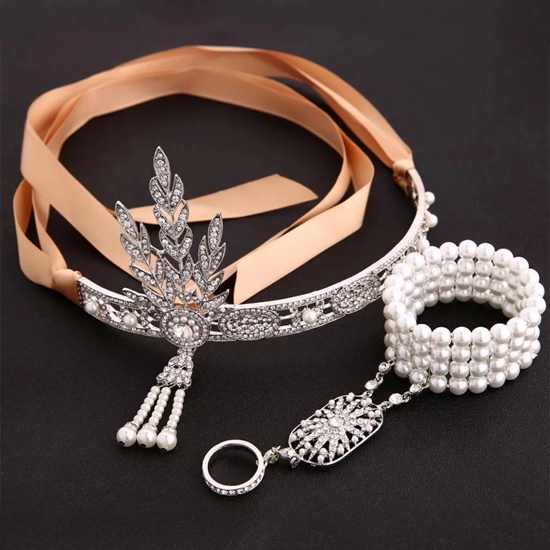 1920's Headband Flapper Charleston Cosplay Costume props Champagne Accessories Headpiece Great Gatsby Bracelet Headband Set