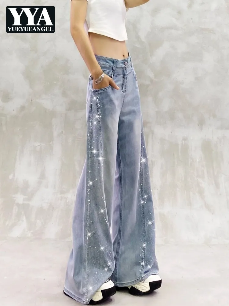 Ladies Shiny Diamond Design Micro Flared Jeans High Waist Loose Wide Leg Casual Denim Trousers Female Fashion Streetwear Pants