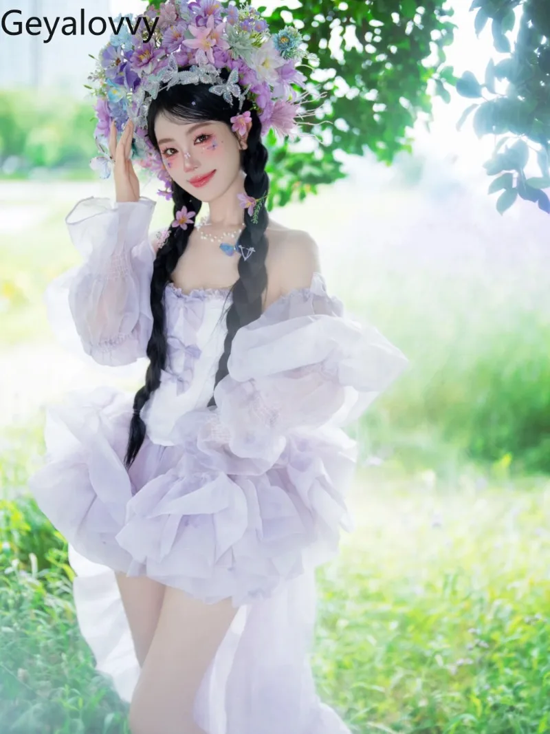 Summer Purple Outfits Princess Style Bow Trailing Slimming Tube Top and Elastic Waist Short Puff Skirt Sweet and Cute Girl Suit