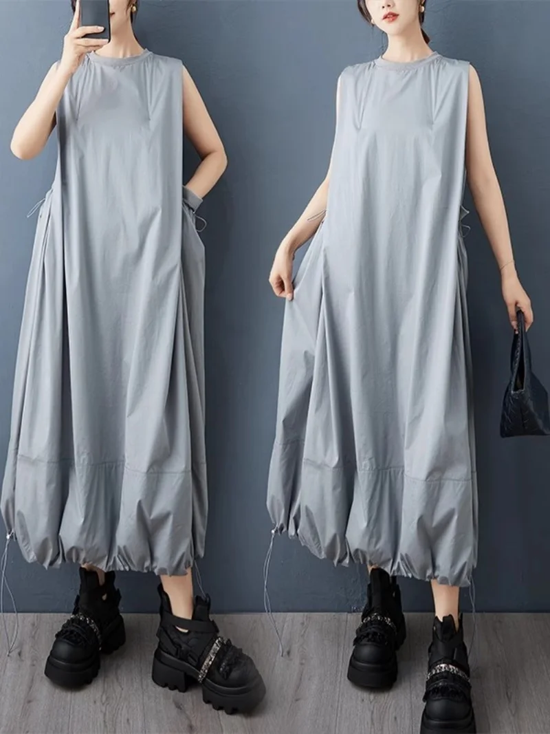 Large Size Design Loose Sleeveless Large Pocket Workwear Drawstring Flower Bud Dress Women's Fashionable Vest Long Dress w473
