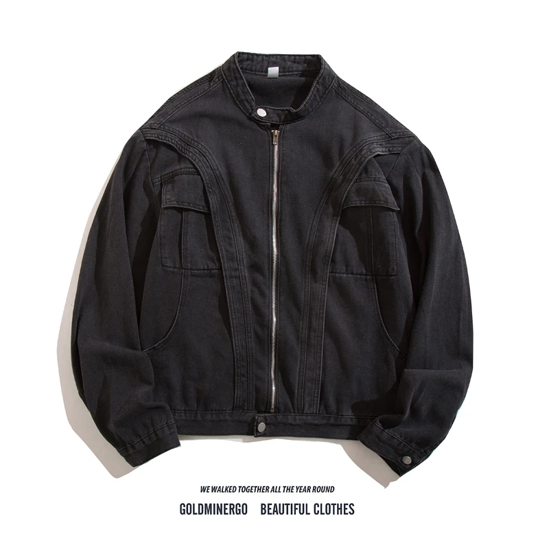 Veste en jean déstructurée patchwork style américain pour homme, tendance streetwear, avec épaulettes épaisses