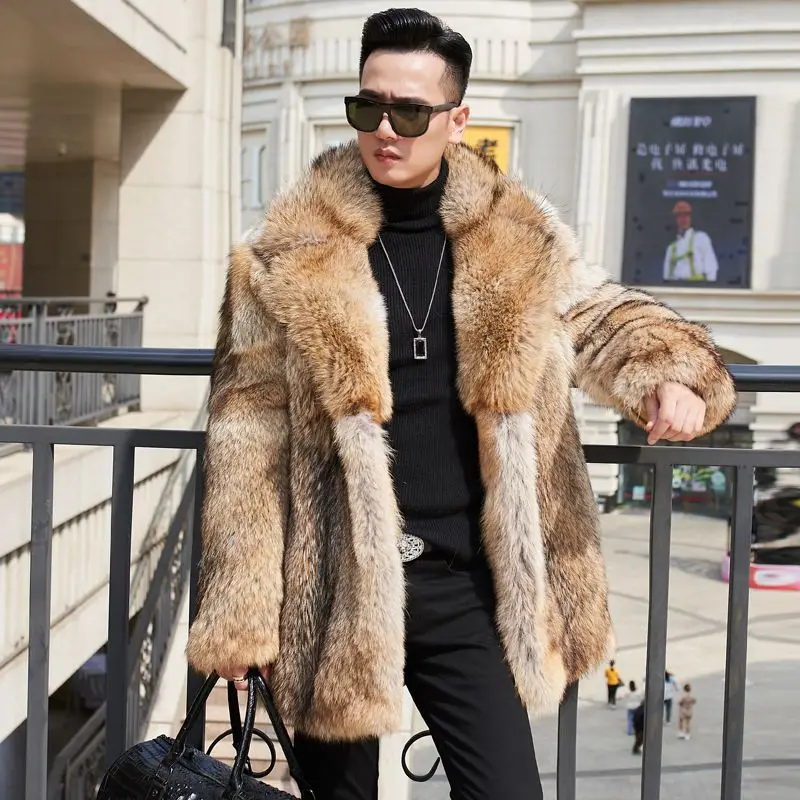 Fangtai 2023 New Winter Warm Luxury North American Coyote Men's Suit Collar Long Fur Coat Warm Leisure Natural Wolf Skin Jacket