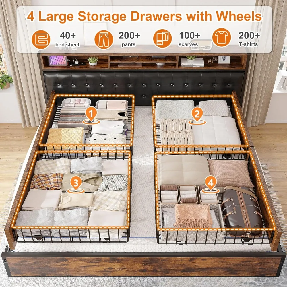 إطار سرير بني عتيق، مقاس كينج مع 4 أدراج تخزين، بدون ضوضاء، إطار سرير كينج ومحطة شحن منجدة على اللوح الأمامي، متينة #3