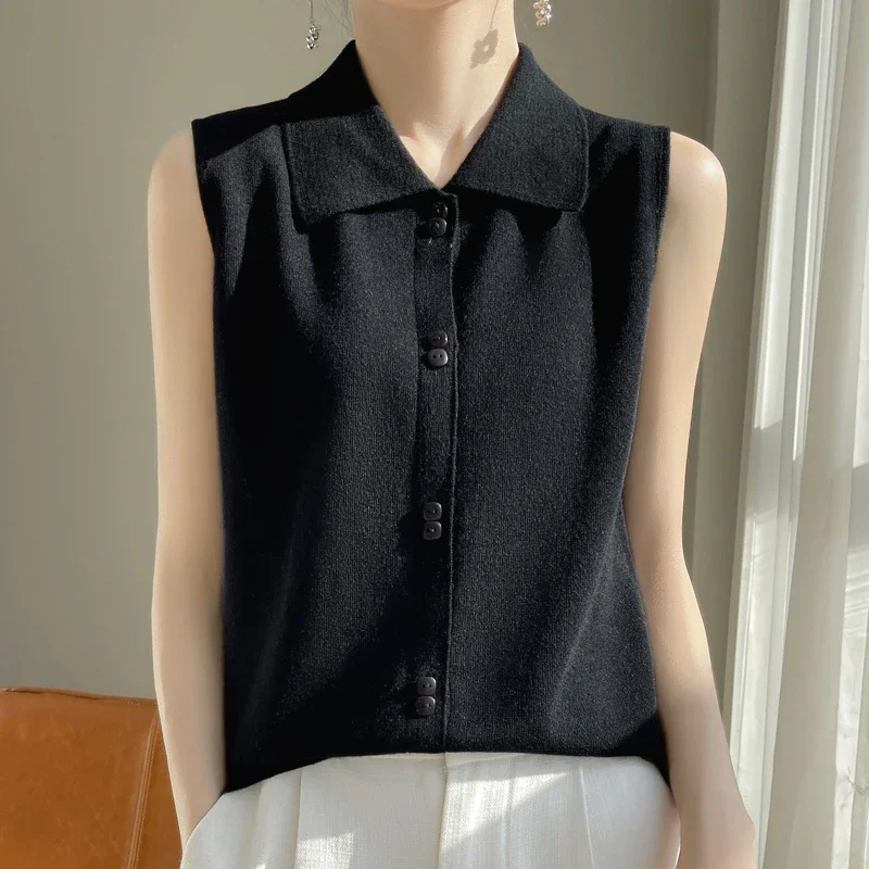 Spring and Autumn New POLO Collar Top Shirt Women's Sleeveless Wool Knitted Tank Top Thin Inner Layup Top