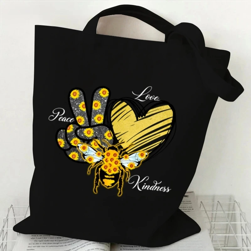 حقيبة يد Queen Bee Flower حقيبة يد من القماش الأسود حقيبة كتف مفردة للطلاب هدية حقيبة تسوق كبيرة حقائب مستحضرات التجميل من القماش