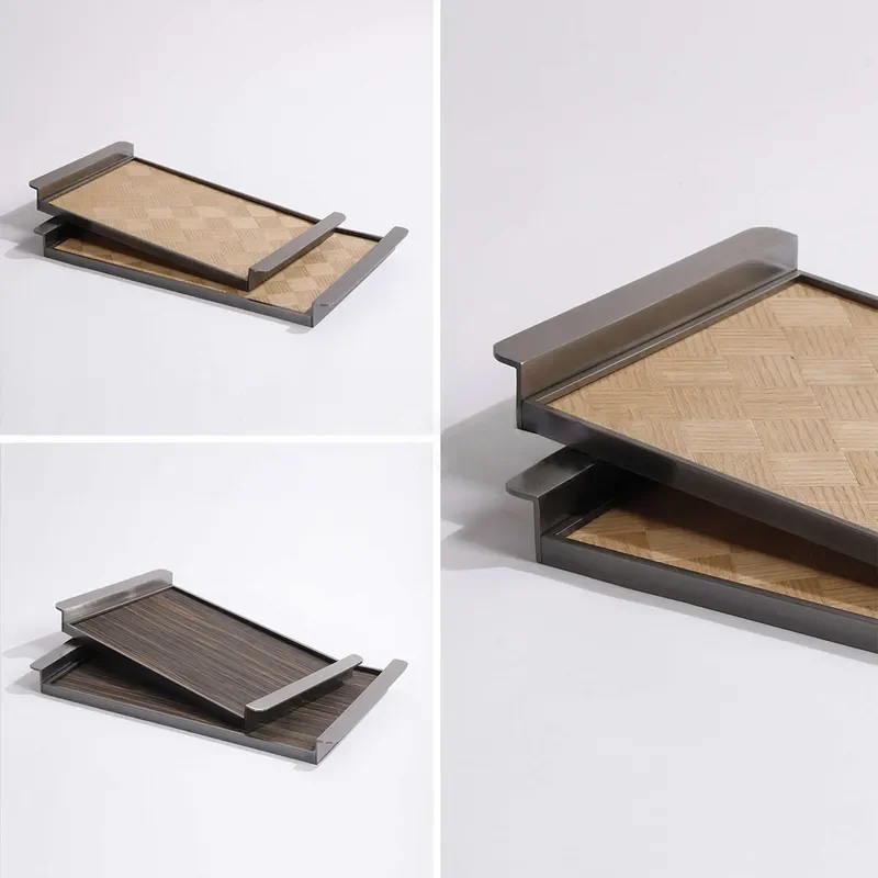 Modern simple light luxury high-end brown metal veneer storage tray model room living room desktop soft jewelry ornament