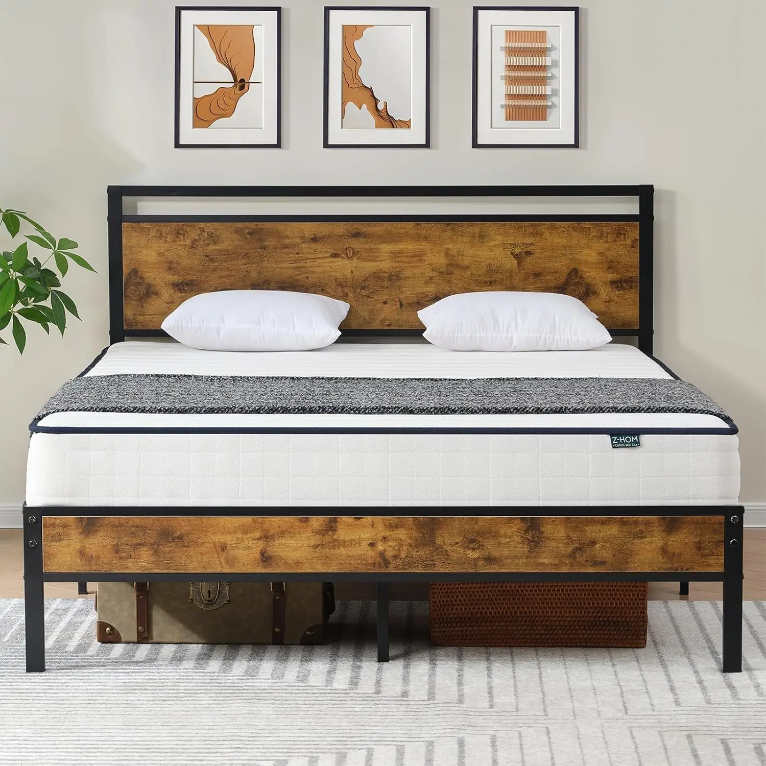 

Z-hom Vintage Brown Queen Bed Frame Sturdy Metal Platform Bed with Wood Headboard No Noise Stable Furniture
