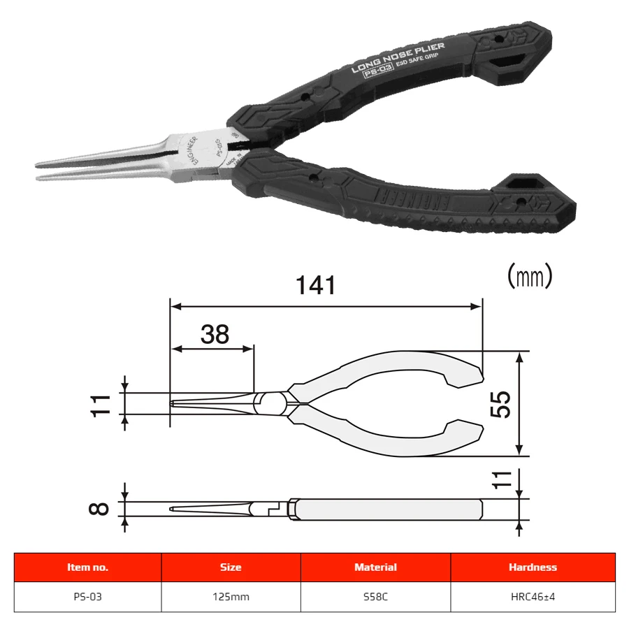 ENGINEER PS-03 Precision Compact Long Nose Pliers/ Miniature Needle Nose Pliers ESD Safe with Carbon Steel Jaw