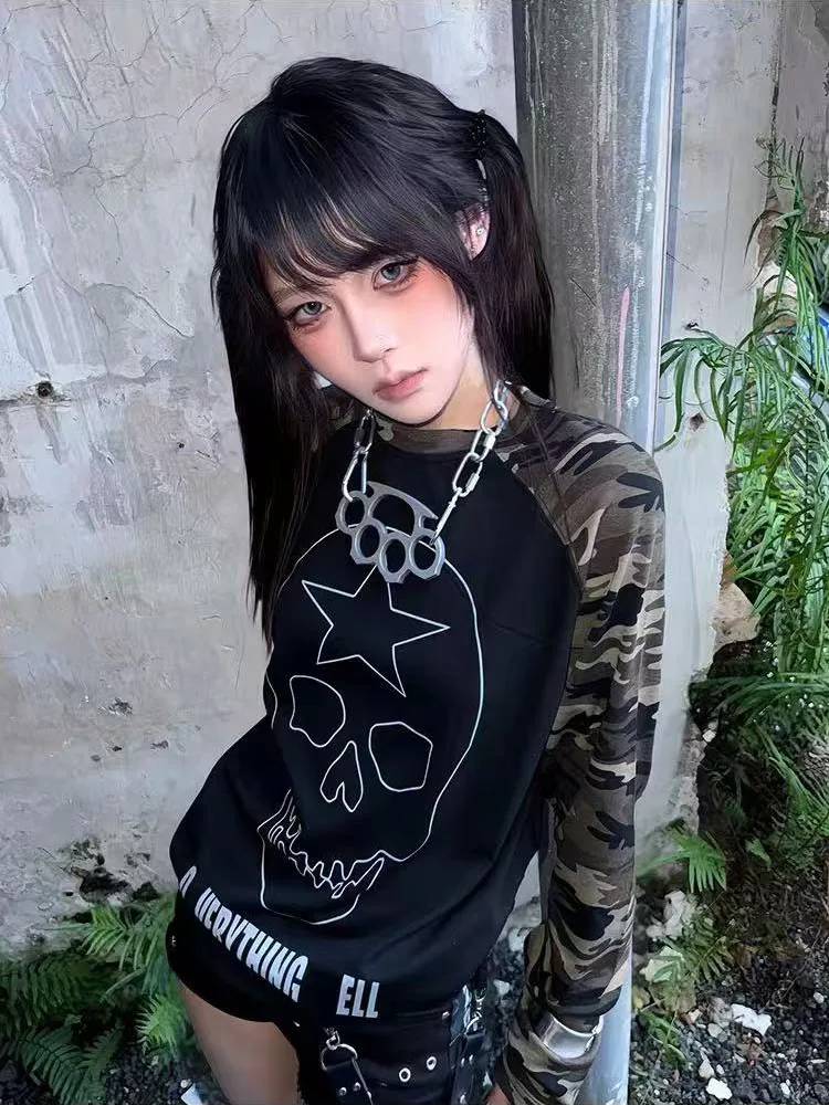 Japanese Gothic Patchwork T Shirt Women Y2K Harajuku Japan Skull Print Casual Base Tops Autumn Vintage Camouflage Splicing Tees