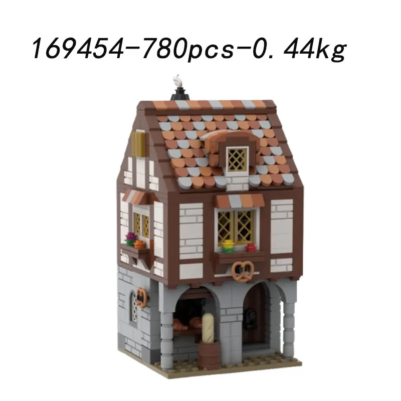 تجميع الجسيمات الصغيرة بناء لعبة المكعبات قلعة القرون الوسطى الحظيرة MOC-87196 708 قطعة 169454 مخبز بناء نموذج متجر الحداد v
