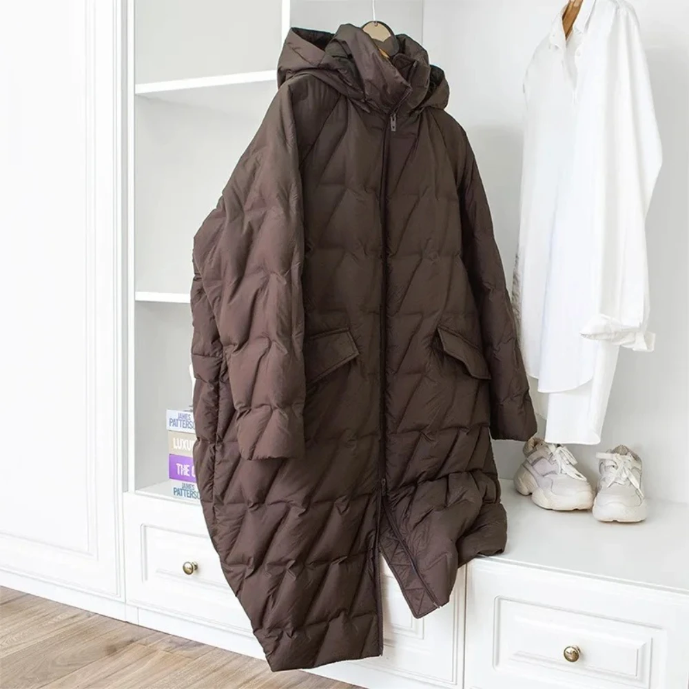 Pato branco para baixo casaco feminino 2025 novo outono inverno roupas femininas longo com capuz puffer jaqueta senhora moda lazer solto casaco quente