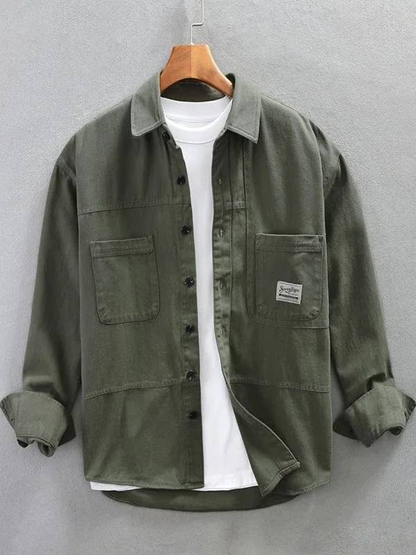 

Retro American Sle Loose Fit Collared Open Cardigan Jaet Casual Workwear Dirt Resistant Long Sve irt for Men