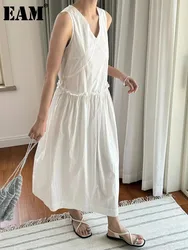 [EAM] Women White Thin Pleated Ruffles Big Size Elegant Dress New V-Neck Sleeveless Fashion Tide Spring Summer 2024 1DH6029