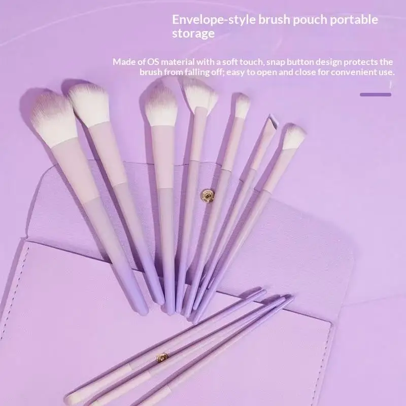 10-Piece Pink-Purple Gradient Plastic Handle Makeup Brush Set With Synthetic Fiber Bristles, Including Powder Brush, Foundation