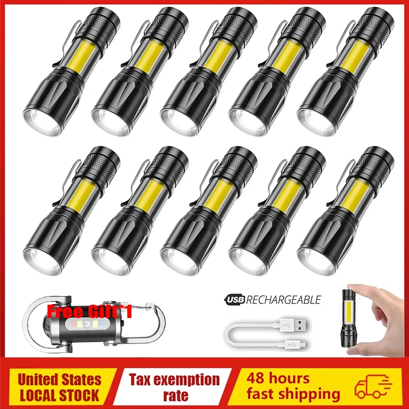 Rechargeable Mini LED Flashlight Portable COB+XPE Torch Camping Outdoor Lantern Zoomable Light Tactical Flashlight with Pen Clip