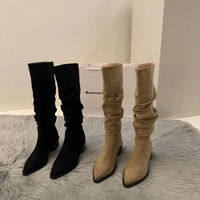 

Women's Boots Pointed High-heeled Khaki Black Stacking Boots Women's New Long Tube Knight Boot High Quality Fashion Suede Boots