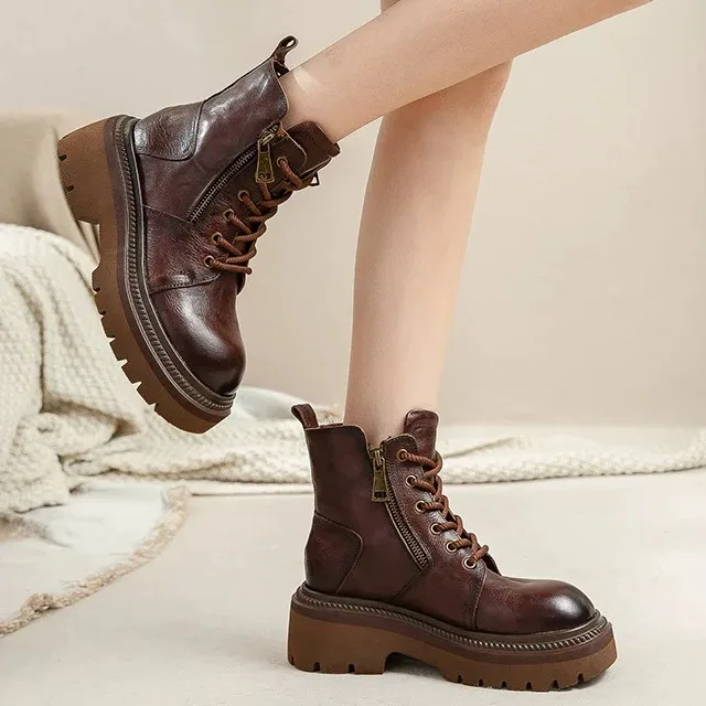 

Retro Spanish Leather Boots Medium Tube Casual Roman Style Worn Color Boots Youth Autumn Wear Resistant Rubber Sole