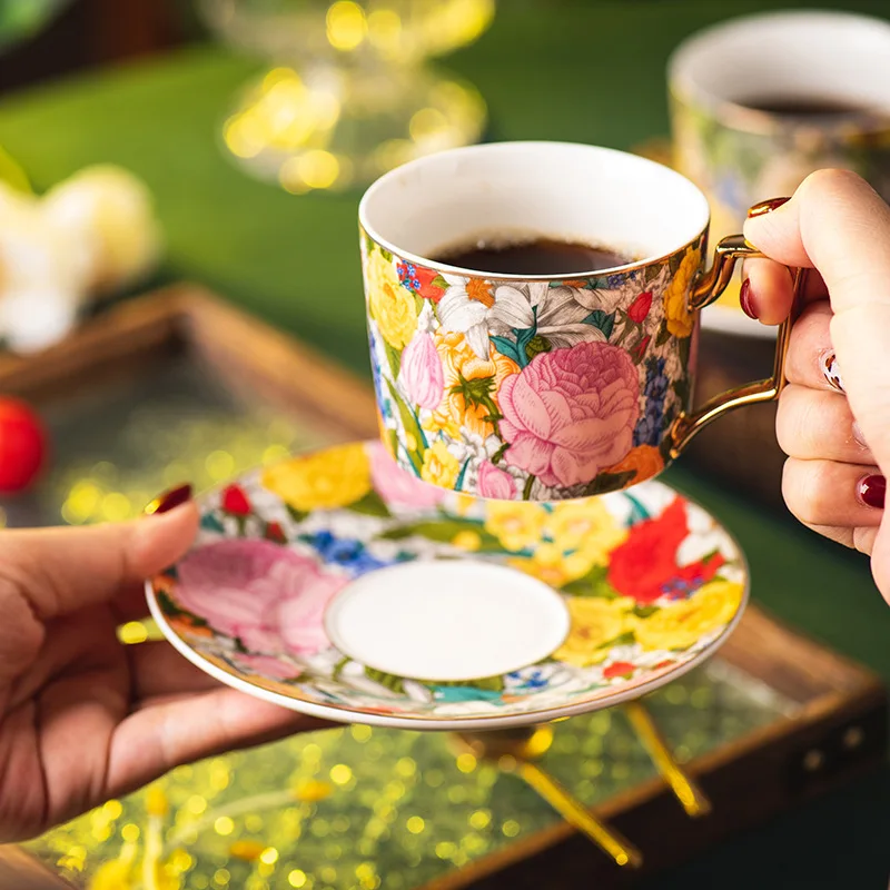 

European Vintage Floral Ceramic Cup & Saucer Set, Hand Painted Gold Trim Elegant for Afternoon Tea Coffee, Luxury Gift