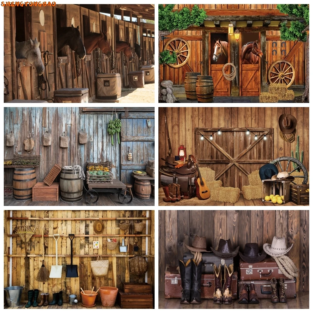 

Rustic Farm Wooden Barn Backdrop for Photography Western Cowboy Wood House Door Birthday Party Decor Portrait Photo Background