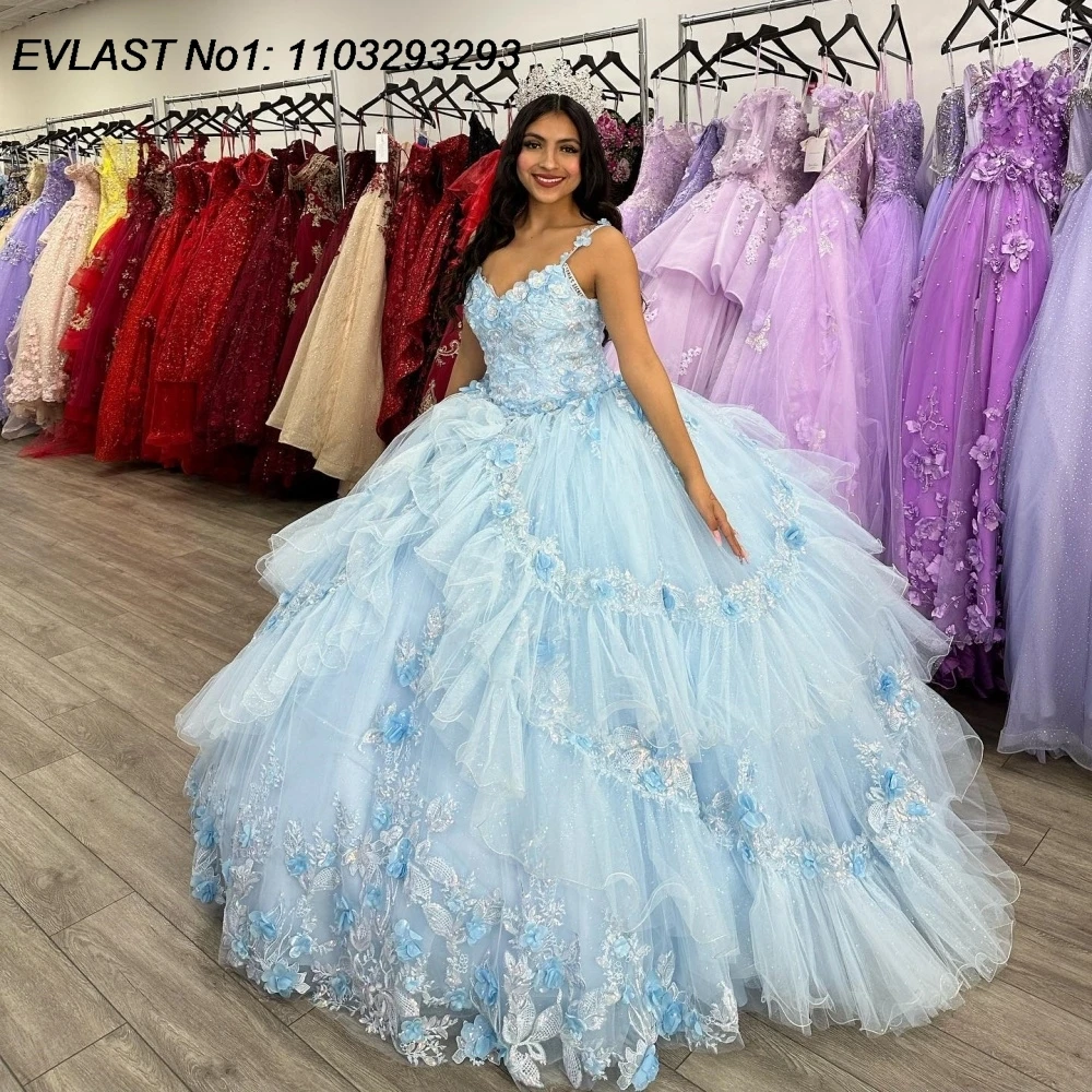 EVLAST gaun berkilau bunga merah muda Quinceanera gaun bola Applique korset manik-manik gaun Meksiko manis 16 Vestido De 15 Anos TQD957