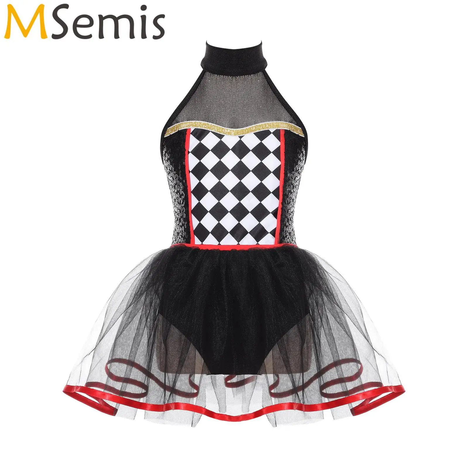 Kids Girls Checkerboard Sequins Tutu Dress Bodysuit Dancewear Halloween Doll Clown Cosplay Costume Halter Neck Dress Up Costume