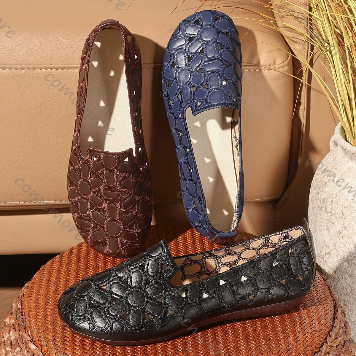 

Comemore Женская обувь на плоской подошве Мокасины без шнуровки для женщин с круглым носком Одинарные туфли с вырезами Модные однотонные туфли на плоской подошве большого размера