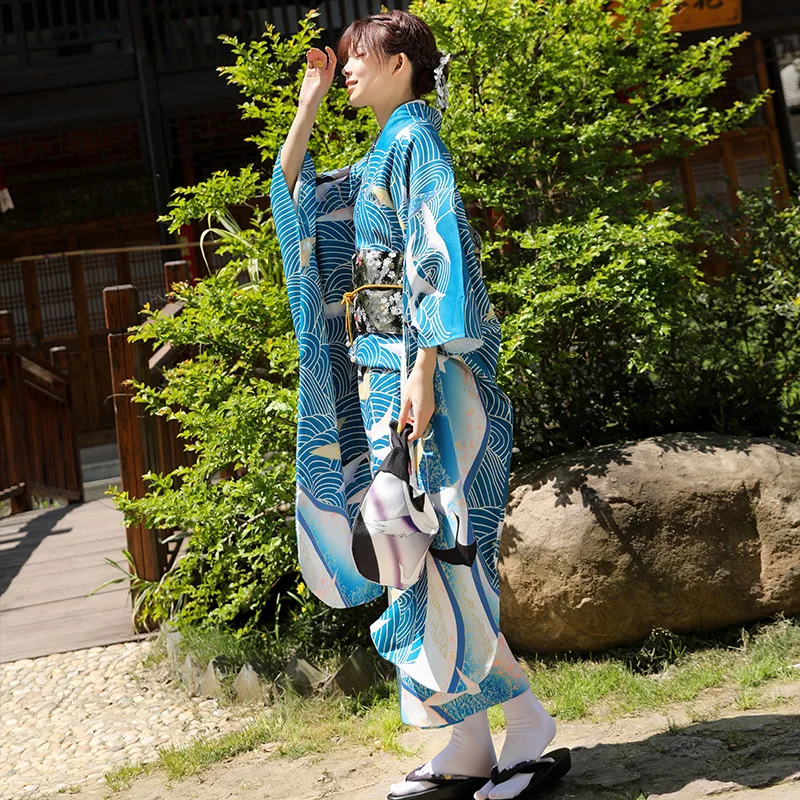 New Japanese Formal Dress Vibrating Sleeve Kimono Blue Traditional Model Complete Tsurugi Length 160CM