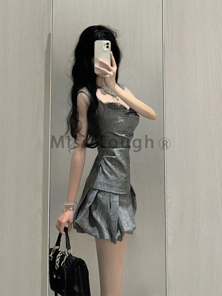 Grey Vintage Elegant 2 Piece Sets Women Patchwork Y2k Sexy High Street Mini Skirt Suits Female Summer Casual Tops+ Chic Skirt