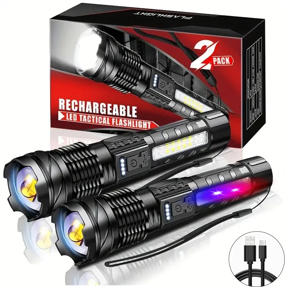 High Power LED Flashlights Tactical Emergency Strong Spotlights Telescopic Zoom Built-in Battery USB Rechargeable Camping Torch