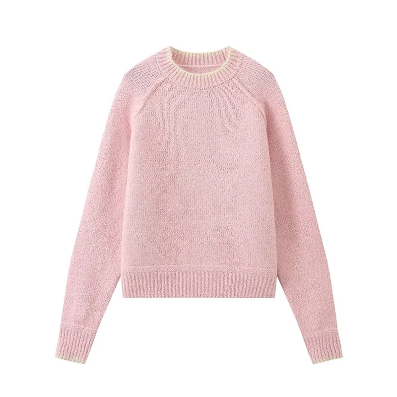 Autumn Vintage Women Contrast O Neck Long Sleeve Knit Sweater Casual Pullovers