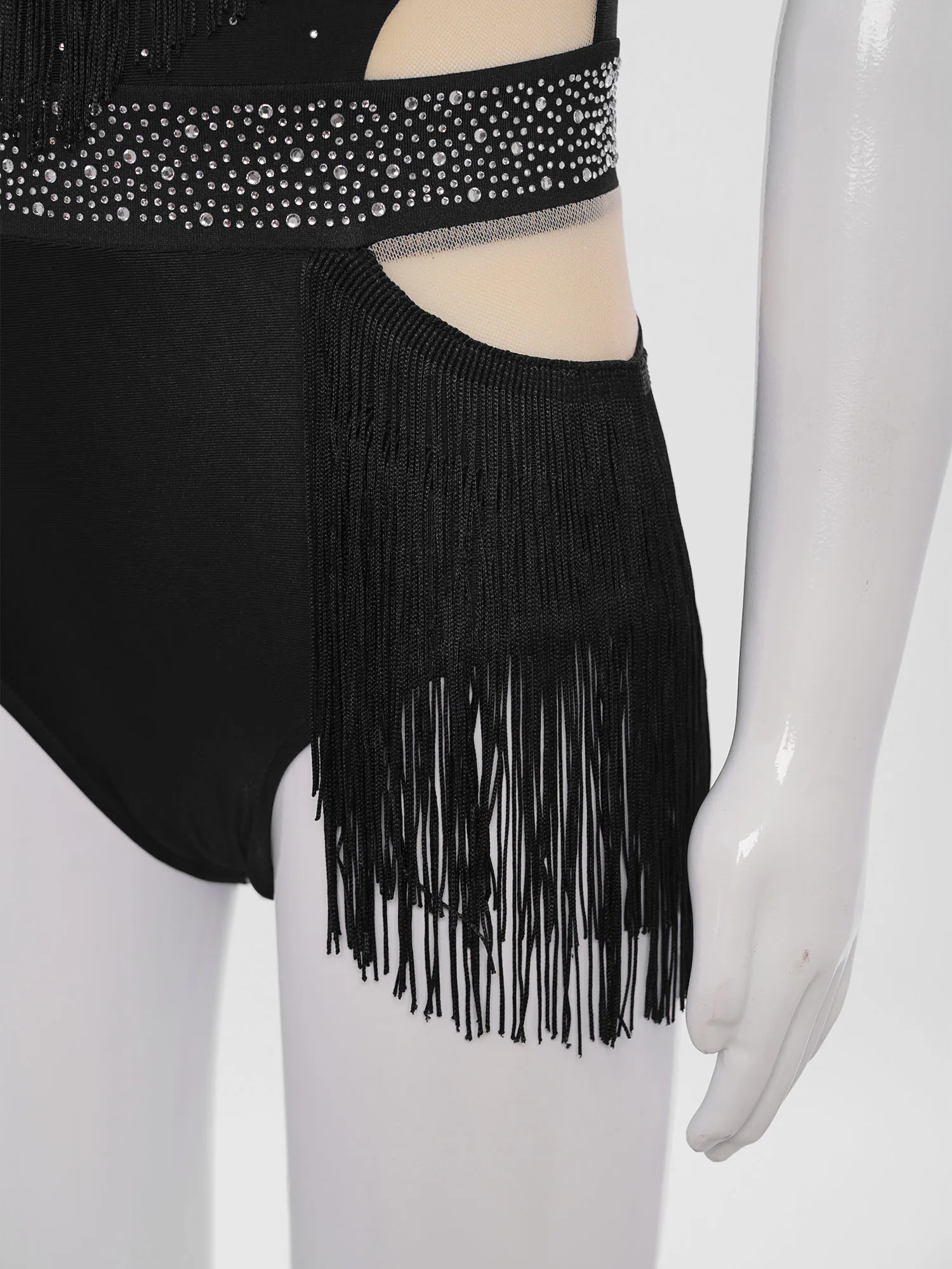 

Kids Girls Tassels Latin Dance Skirted Leotard Sleeveless Sheer Mesh Cutout Back Shiny Rhinestones Bodysuit Jazz Tango Dancewear