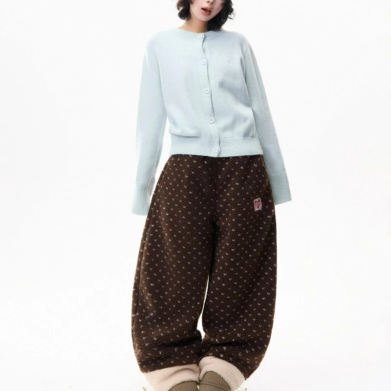French Retro Design Floral Splicing Lamb Wool Women's Pants 2025 Winter New Loose Thin Versatile Warm Wide-leg Trousers Ladies