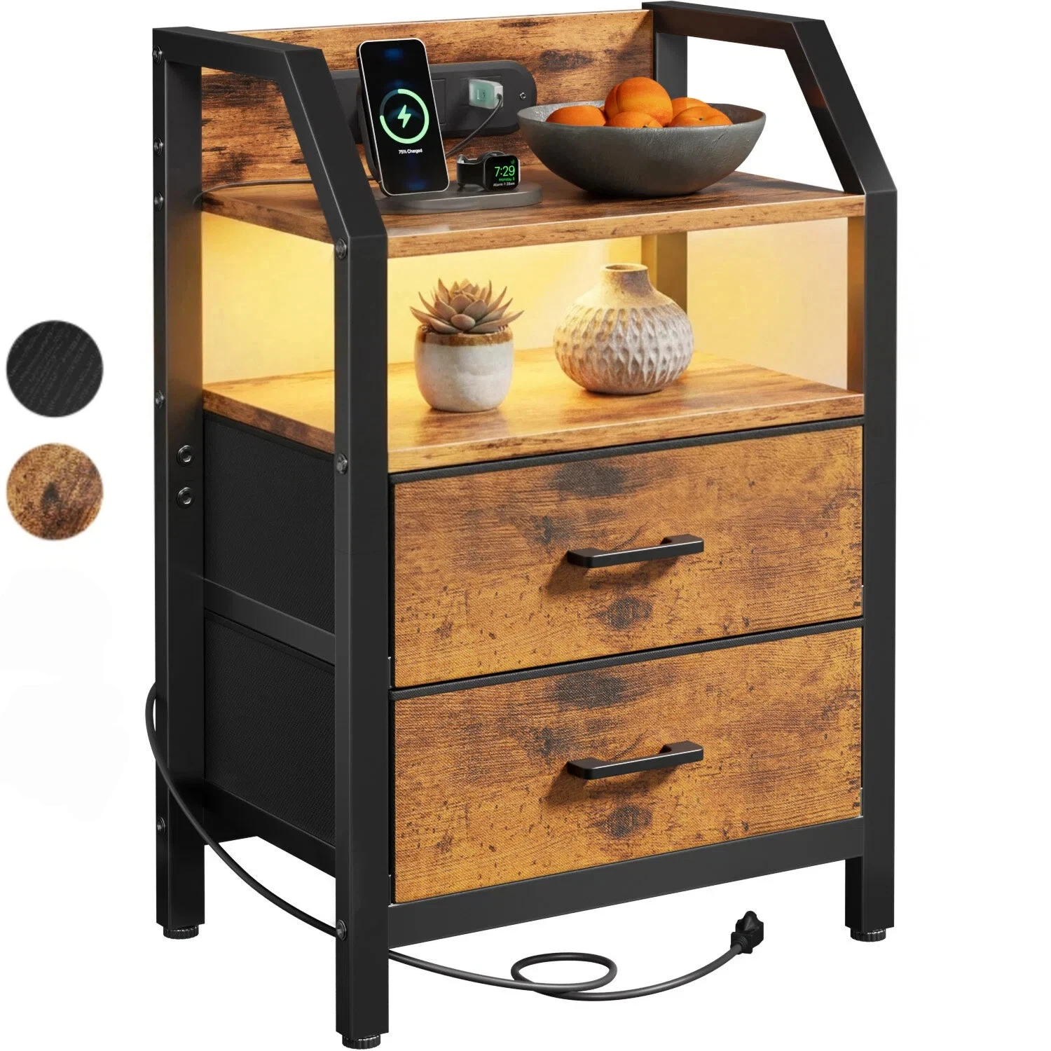 FRODROVIA Nightstand with Charging Station and LED Light, Side Table with  2Fabric Drawers & Open Storage Shelves, Adjustable Leveling Feet,End Table with USB Ports & Outlet for Living Room
