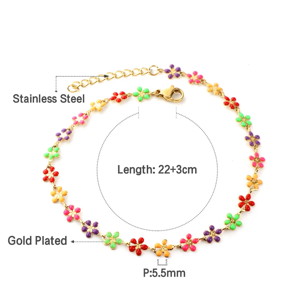 New Boho Colorfully Flower Anklet For Women Girls Stainless Steel Foot Bracelets Summer Beach Party Gift Jewelry Accessories