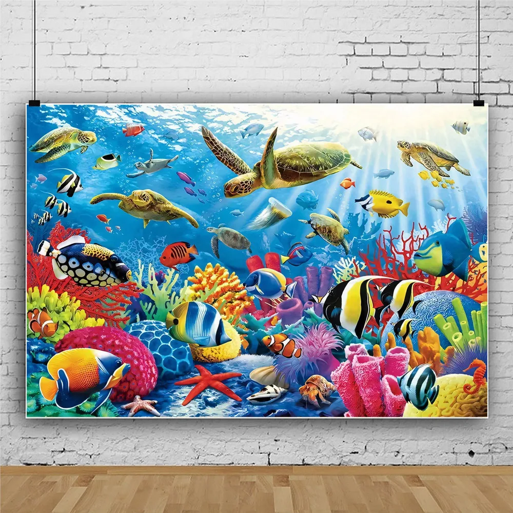 Underwater World Photography Backdrop Vibrant Turtle Fish Coral Seaweed Design for Summer Vacation Travel Room Mural