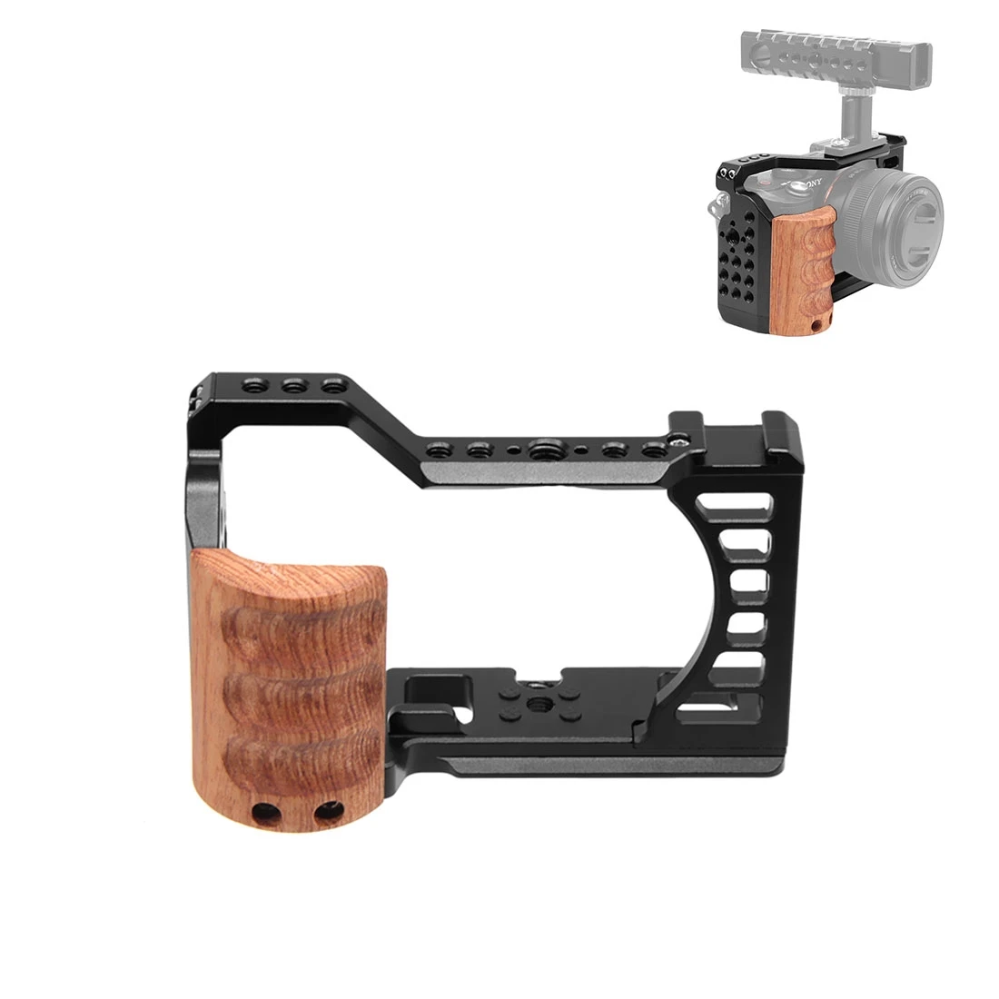 PULUZ Video Camera Cage For Sony Alpha 7C / ILCE-7C / A7C Camera Wood Handle Metal Stabilizer Rig Cage with 1/4 3/8 Screw Holes